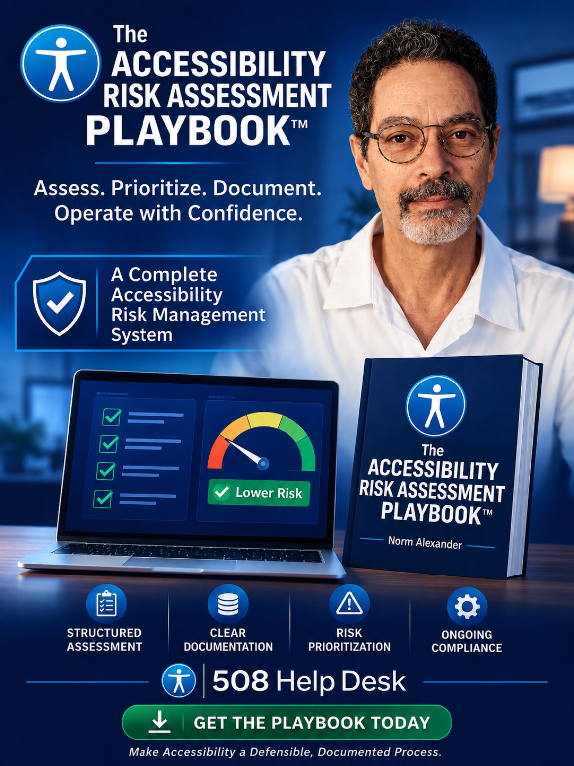 Accessibility Risk Assessment Playbook by Norm Alexander, shown with a risk dashboard