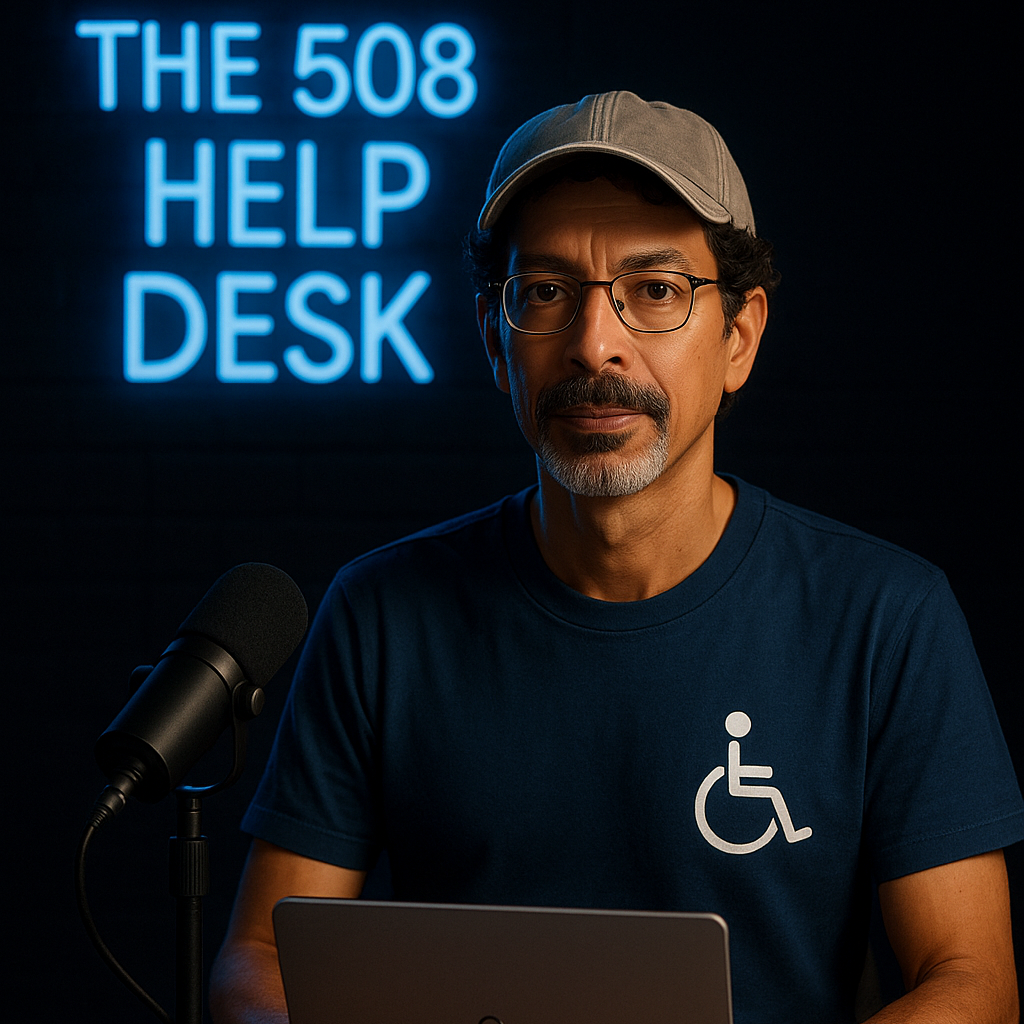Man at a desk in a dark podcast studio with a laptop, mic, and a blue “The 508 Help Desk” neon sign behind him.