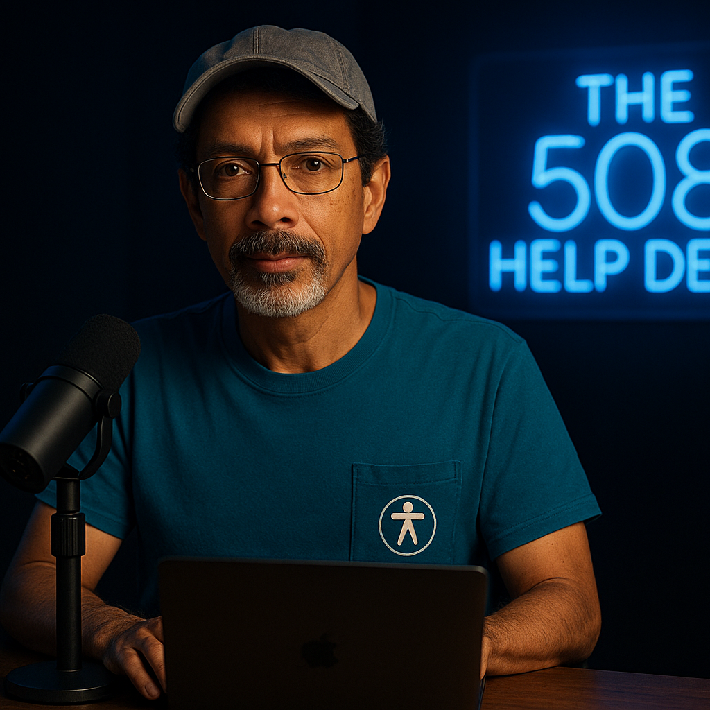 A man in a dimly light podcasting studio sitting at a desk with a microphone on it.